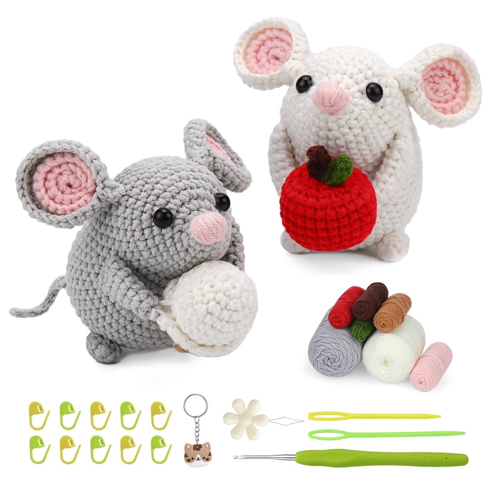 Kogyxe Beginners Crochet Kit, Amigurumi Crocheting Animals Kits w Step-by-Step Video Tutorials, Crochet Starter Kit Knitting Starter Pack for Adults Beginners, 2 Hamster Family (40%+ Yarn Content)