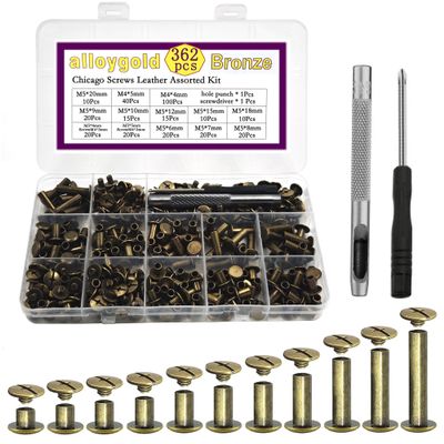 ALLOYGOLD 362 Pcs Bronze Chicago Screws Leather Rivets Assorted 11 Sizes of Screw Rivets Chicago Screws for Decorate and Repair Leather Craft Belt Bag Shoes Purse Bookbinding