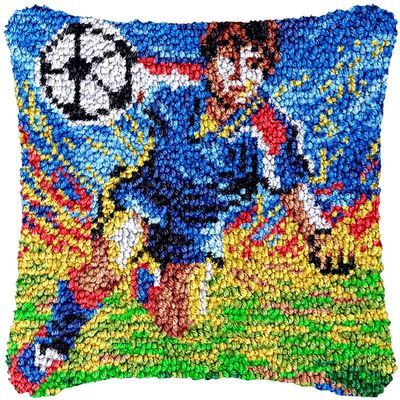 Latch Hook Kits Pillow Cover for Beginner Soccer boy Color Printed Canvas Yarn Crocheting Carpet Cushion Embroidery Hook and Latch Pillowcase Sofa Decoration 43x43cm C2