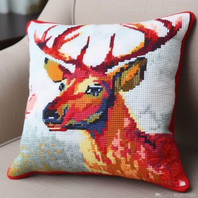 Elk Deer Latch Hook Pillow Kit Set Cushion Cover Latch Hook Kits Throw Pillowcase Craft Needlework Printed Pattern Canvas Cushion Carpet Hand Craft 17 x 17 Inch