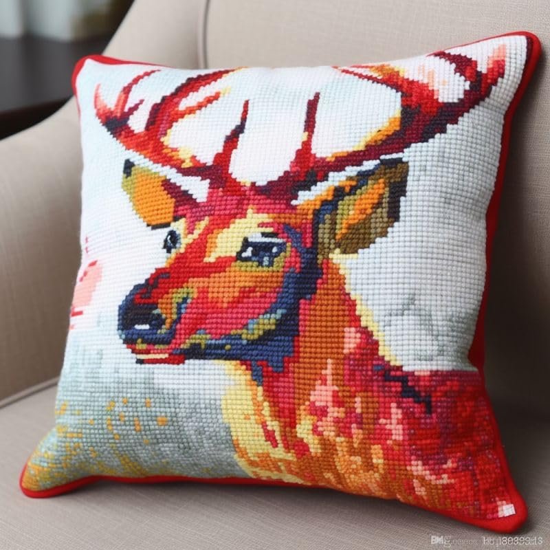Elk Deer Latch Hook Pillow Kit Set Cushion Cover Latch Hook Kits Throw Pillowcase Craft Needlework Printed Pattern Canvas Cushion Carpet Hand Craft 17 x 17 Inch
