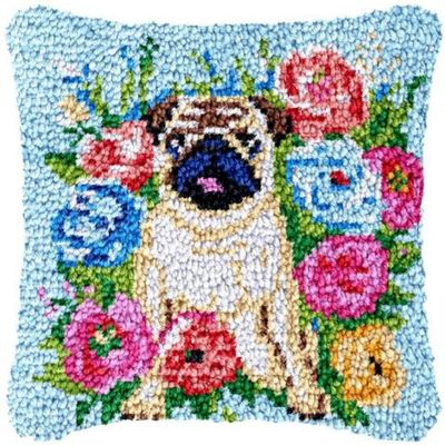 Latch Hook Kits Pillow Cover for Beginner Pug, Garland Color Printed Canvas Yarn Crocheting Carpet Cushion Embroidery Hook and Latch Pillowcase Sofa Decoration 43x43cm 2