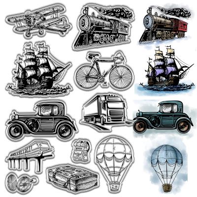 CRASPIRE Vehicle Clear Stamps Airplanes Trains Boats Bicycles Cars Hot Air Balloons Vintage Transparent Silicone Stamp Seals for Card Making Decoration Photo Album Notebook Decor DIY Scrapbooking