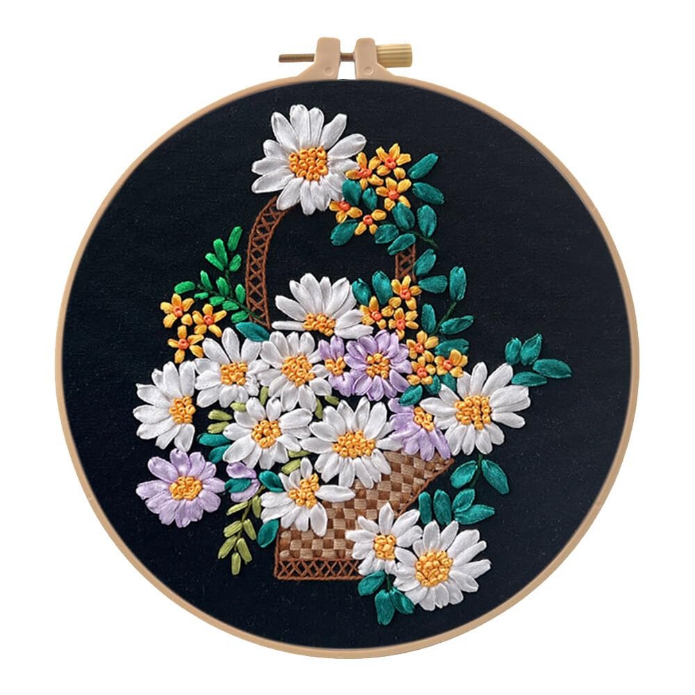 PHEZEN Ribbon Embroidery Stitch Practice Kit, Embroidery Kit for Adult Beginners, Include Embroidery Cloth Hoops Threads for Craft Lover with Embroidery Skill Techniques Type 2