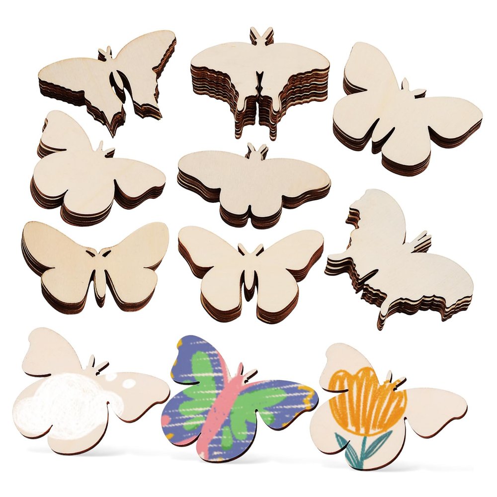 OFFSCH 54pcs Unfinished Butterfly Cutouts Smooth Natural Wood Craft Supplies for Projects Home Festival Decorations for Painting and Personalization