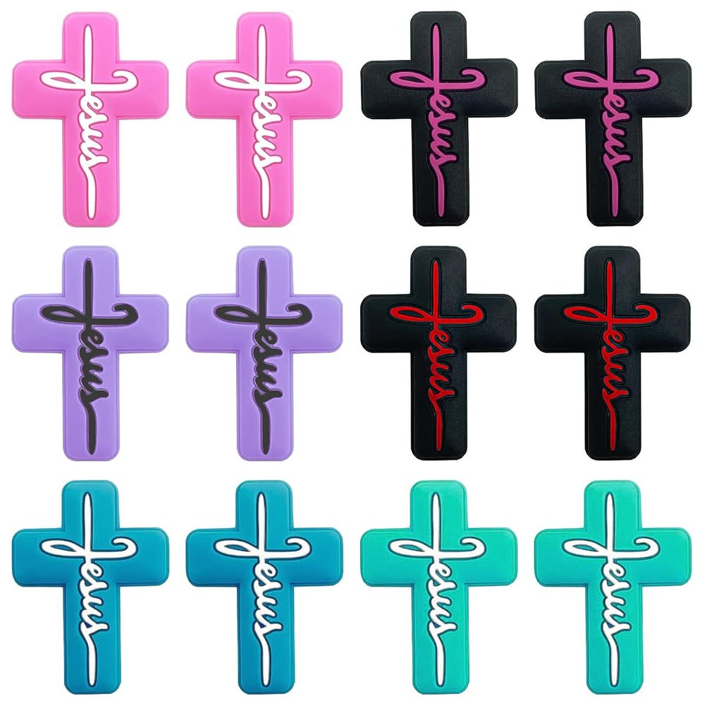 12Pcs Silicone Cross Beads Characters Focal Bead Mix Color Cross Shaped Focal Beads for Pens Keychain Making Bracelet Necklace DIY Crafts