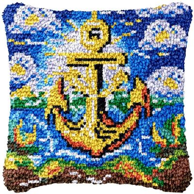 Gold Anchor Beginner Latch Hook Kits Pillow Making Sofa Cushion Cover Latch Hook Carpet Rug Acrylic Yarn,Pillowcase Craft Kits with Printed Canvas for Home Decor 17 x 17 Inch