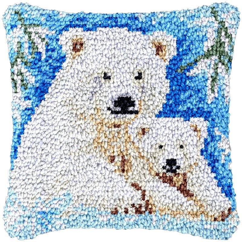 Polar Bear Mother Love Latch Hook Kits Pillow Making Sofa Cushion Cover Latch Hook Carpet Rug Acrylic Yarn,Pillowcase Craft Kits with Printed Canvas for Home Decor 17 x 17 Inch