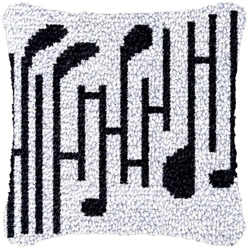 Black Music Note Latch Hook Kits Pillow Making Sofa Cushion Cover Latch Hook Carpet Rug Acrylic Yarn,Pillowcase Craft Kits with Printed Canvas for Home Decor 17 x 17 Inch