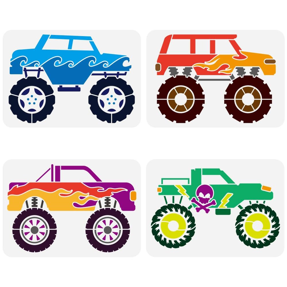 FINGERINSPIRE 4PCS Monster Truck Stencil - 8.3x11.7 inch Reusable Plastic PET Large Wheel Drawing Template with Skull Pattern and Vehicle Theme