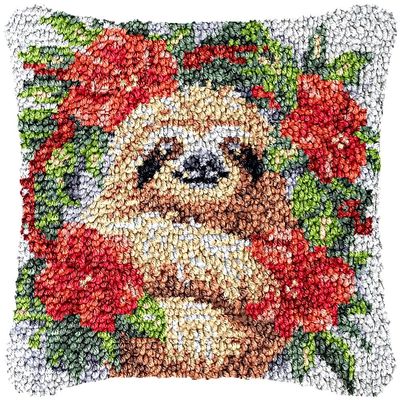 Flowers Sloth Latch Hook Kits Pillow DIY Rug Cushion Making Kits with preprinted Pattern Canvas Instruction Yarns and Latch Hooking Pillow Cover Easy to Start DIY Home Decor Kits 43x43cm