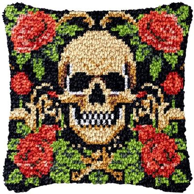 Gold Rose Skull Latch Hook Kits Pillow DIY Rug Cushion Making Kits with preprinted Pattern Canvas Instruction Yarns and Latch Hooking Pillow Cover Easy to Start DIY Home Decor Kits 43x43cm