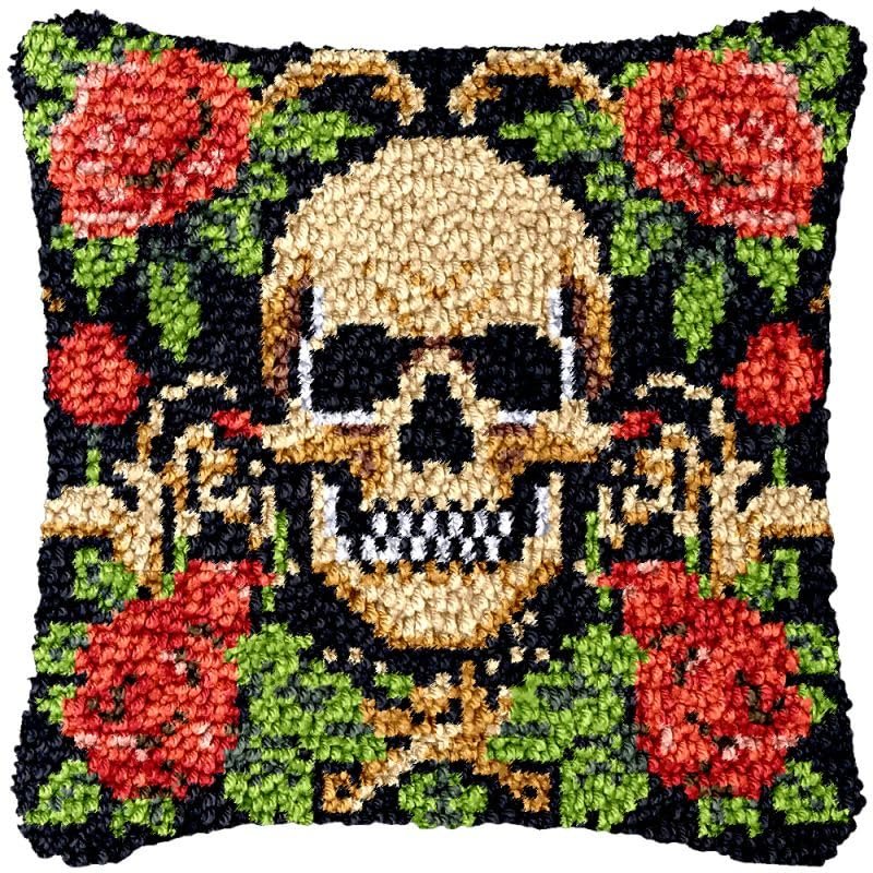 Gold Rose Skull Latch Hook Kits Pillow DIY Rug Cushion Making Kits with preprinted Pattern Canvas Instruction Yarns and Latch Hooking Pillow Cover Easy to Start DIY Home Decor Kits 43x43cm