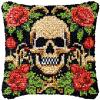 Gold Rose Skull Latch Hook Kits Pillow DIY Rug Cushion Making Kits with preprinted Pattern Canvas Instruction Yarns and Latch Hooking Pillow Cover Easy to Start DIY Home Decor Kits 43x43cm view 1
