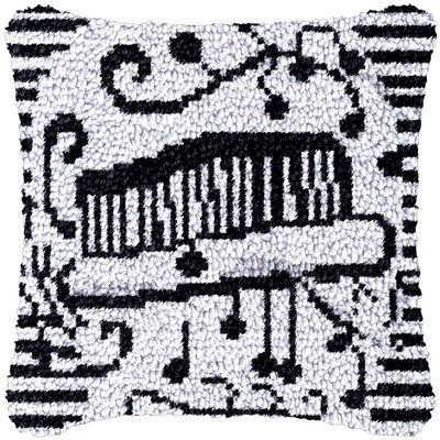Black Music Note Latch Hook Kits Pillow DIY Rug Cushion Making Kits with preprinted Pattern Canvas Instruction Yarns and Latch Hooking Pillow Cover Easy to Start DIY Home Decor Kits 43x43cm