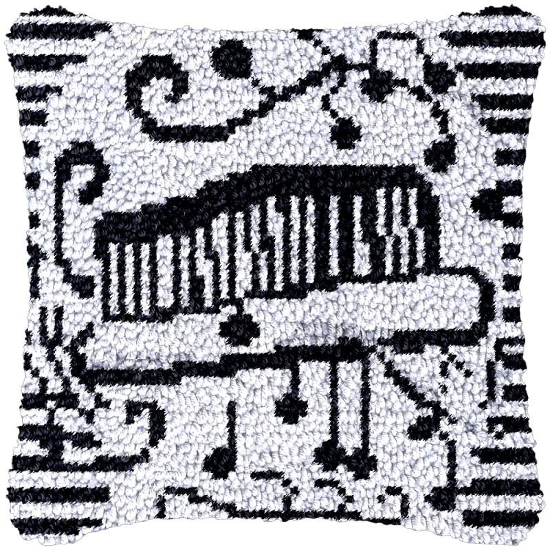 Black Music Note Latch Hook Kits Pillow DIY Rug Cushion Making Kits with preprinted Pattern Canvas Instruction Yarns and Latch Hooking Pillow Cover Easy to Start DIY Home Decor Kits 43x43cm