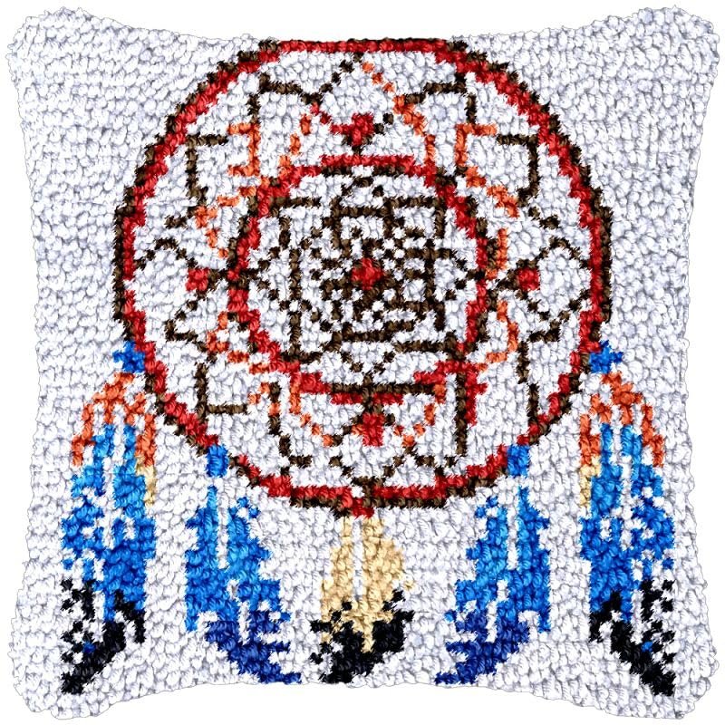 Dreamcatcher Latch Hook Kits Pillow DIY Rug Crochet Hook Cushion Making Kits with Preprinted Pattern Canvas Instruction Yarns and Latch Hooking Pillow Cover Easy to Starter DIY Kits 43x43cm