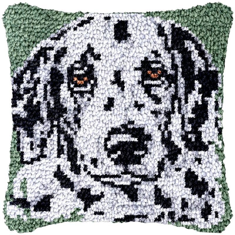 Dalmatian Dog Latch Hook Kits Pillow DIY Rug Crochet Hook Cushion Making Kits with Preprinted Pattern Canvas Instruction Yarns and Latch Hooking Pillow Cover Easy to Starter DIY Kits 43x43cm