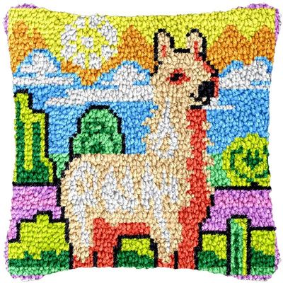 Desert Alpaca Latch Hook Kits Pillow DIY Rug Crochet Hook Cushion Making Kits with Preprinted Pattern Canvas Instruction Yarns Pillow Cover Easy Starter DIY Crochet Kits 43x43cm
