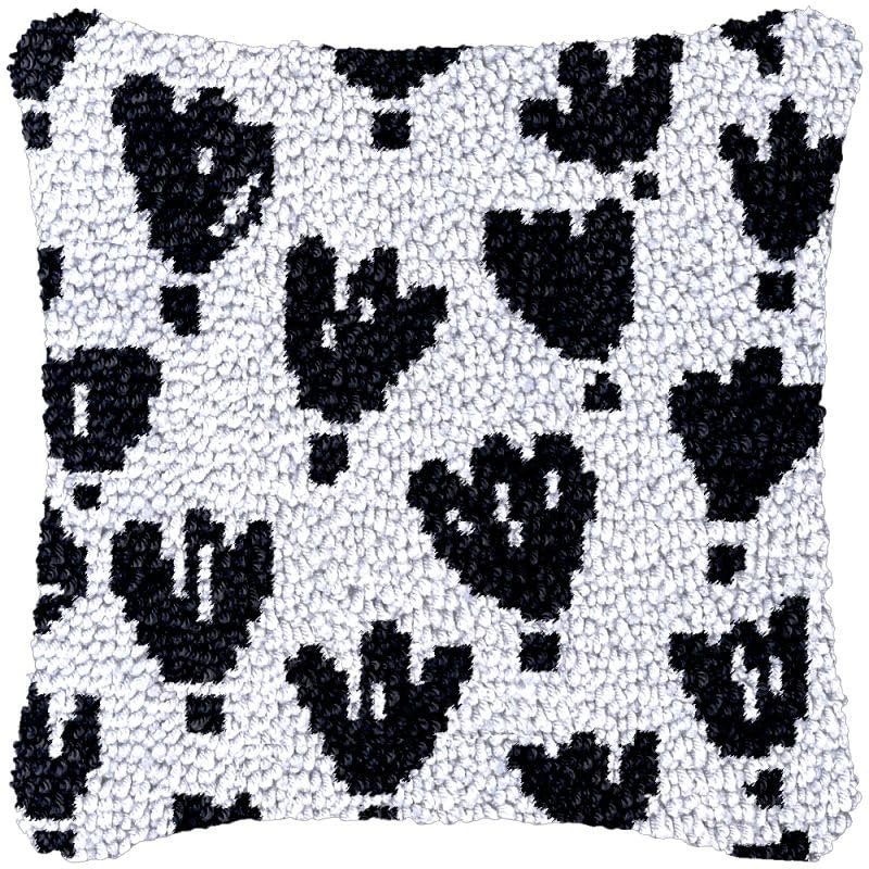Black Flowers Latch Hook Kits Pillow DIY Rug Crochet Hook Cushion Making Kits with Preprinted Pattern Canvas Instruction Yarns Pillow Cover Easy Starter DIY Crochet Kits 43x43cm