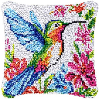 Hummingbird Latch Hook Kits Pillow DIY Rug Crochet Hook Cushion Making Kits with Preprinted Pattern Canvas Instruction Yarns Pillow Cover Easy Starter DIY Crochet Kits 43x43cm
