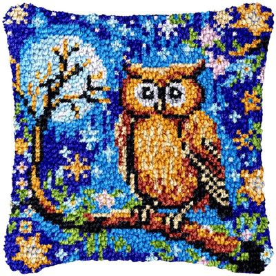 Branch Moon Owl Latch Hook Kits Pillow DIY Rug Crochet Hook Cushion Making Kits with Preprinted Pattern Canvas Instruction Yarns Pillow Cover Easy Starter DIY Crochet Kits 43x43cm