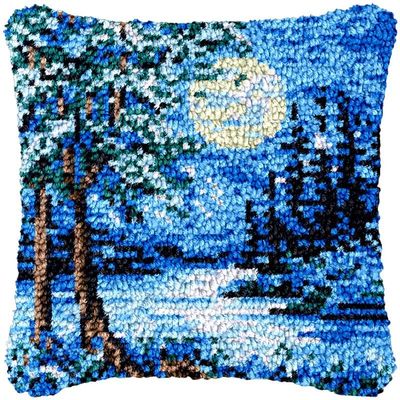 Blue Moon Night Latch Hook Kits Pillow DIY Rug Crochet Hook Cushion Making Kits with Preprinted Pattern Canvas Instruction Yarns Pillow Cover Easy Starter DIY Crochet Kits 43x43cm