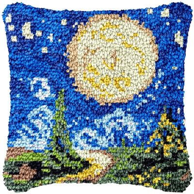 Moon Scenery Latch Hook Kits Pillow DIY Rug Crochet Hook Cushion Making Kits with Preprinted Pattern Canvas Instruction Yarns Pillow Cover Easy Starter DIY Crochet Kits 43x43cm