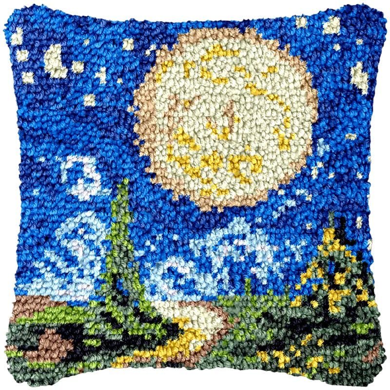 Moon Scenery Latch Hook Kits Pillow DIY Rug Crochet Hook Cushion Making Kits with Preprinted Pattern Canvas Instruction Yarns Pillow Cover Easy Starter DIY Crochet Kits 43x43cm