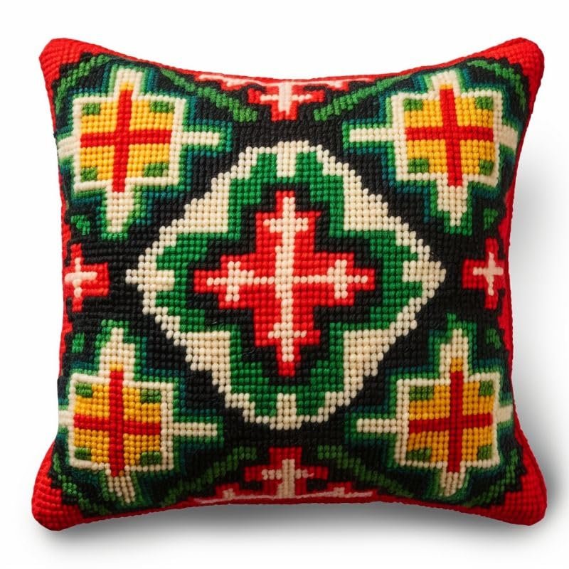 Vintage Style Latch Hook Kits Pillow DIY Rug Crochet Hook Cushion Making Kits with Preprinted Pattern Canvas Instruction Yarns Pillow Cover Easy Starter DIY Crochet Kits 43x43cm(r65)
