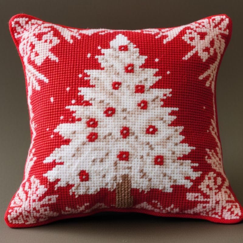 Christmas Tree Latch Hook Kits Pillow DIY Rug Crochet Hook Cushion Making Kits with Preprinted Pattern Canvas Instruction Yarns Pillow Cover Easy Starter DIY Crochet Kits 43x43cm(r19)