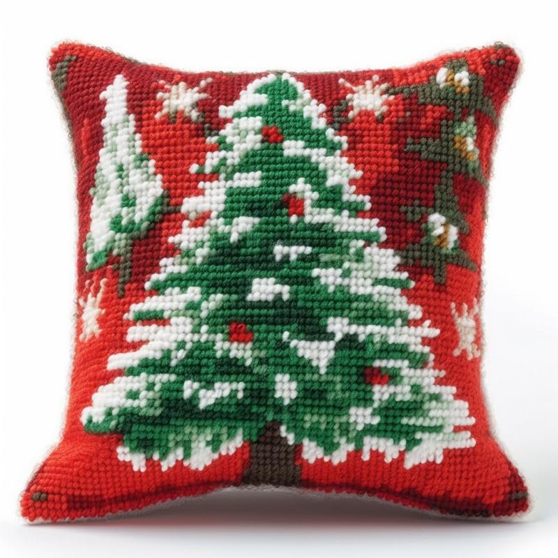 Christmas Green Tree Latch Hook Kits Pillow DIY Rug Crochet Hook Cushion Making Kits with Preprinted Pattern Canvas Instruction Yarns Pillow Cover Easy Starter DIY Crochet Kits 43x43cm(r163)