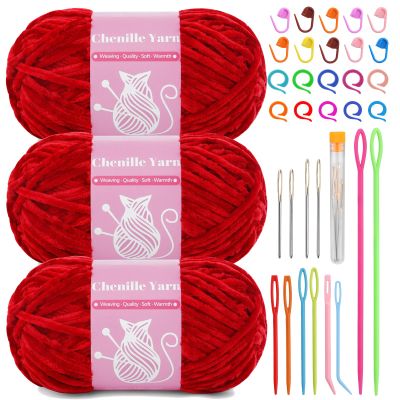 LUNARM Chenille Velvet Yarn for Crocheting Knitting, 3 Pack of 100g/3.5oz Velvet Yarn for Crocheting & Knitting, 486 Yard Soft Yarn for Making Creations & Crochet & More (Bright Red)