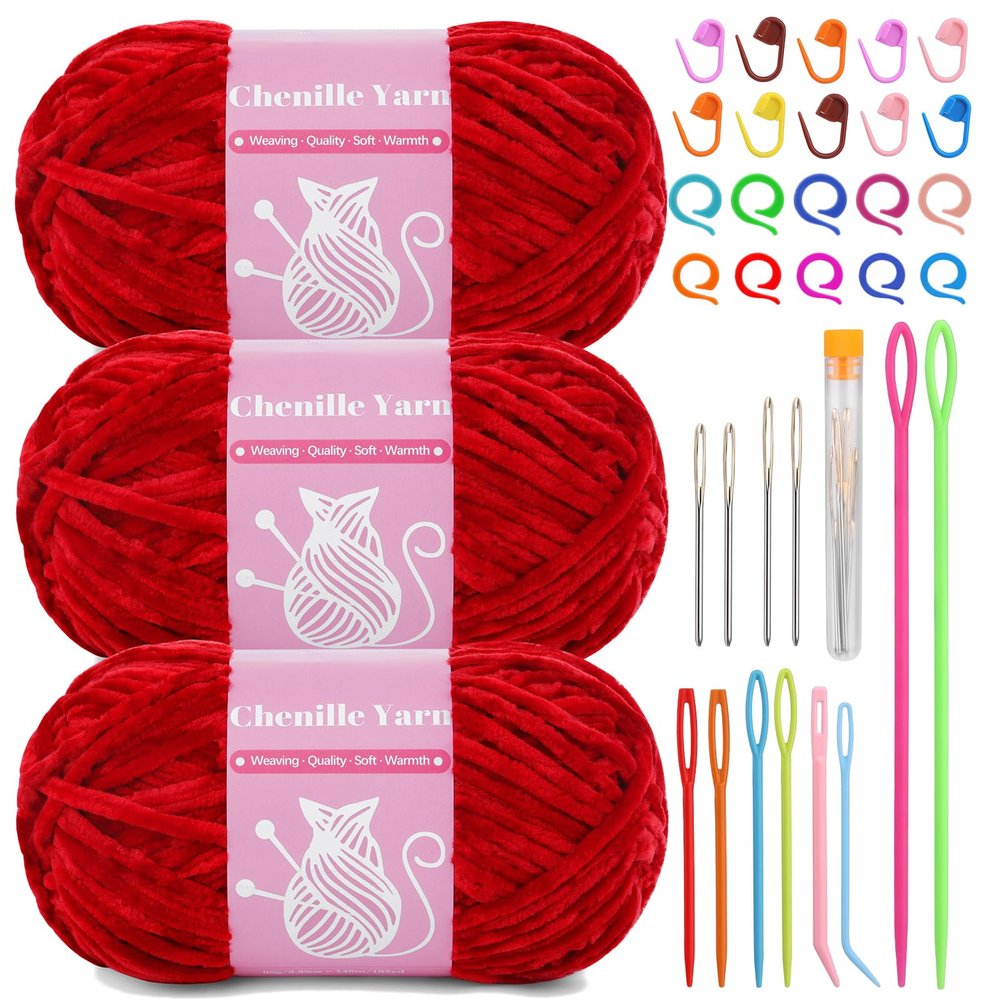LUNARM Chenille Velvet Yarn for Crocheting Knitting, 3 Pack of 100g/3.5oz Velvet Yarn for Crocheting & Knitting, 486 Yard Soft Yarn for Making Creations & Crochet & More (Bright Red)