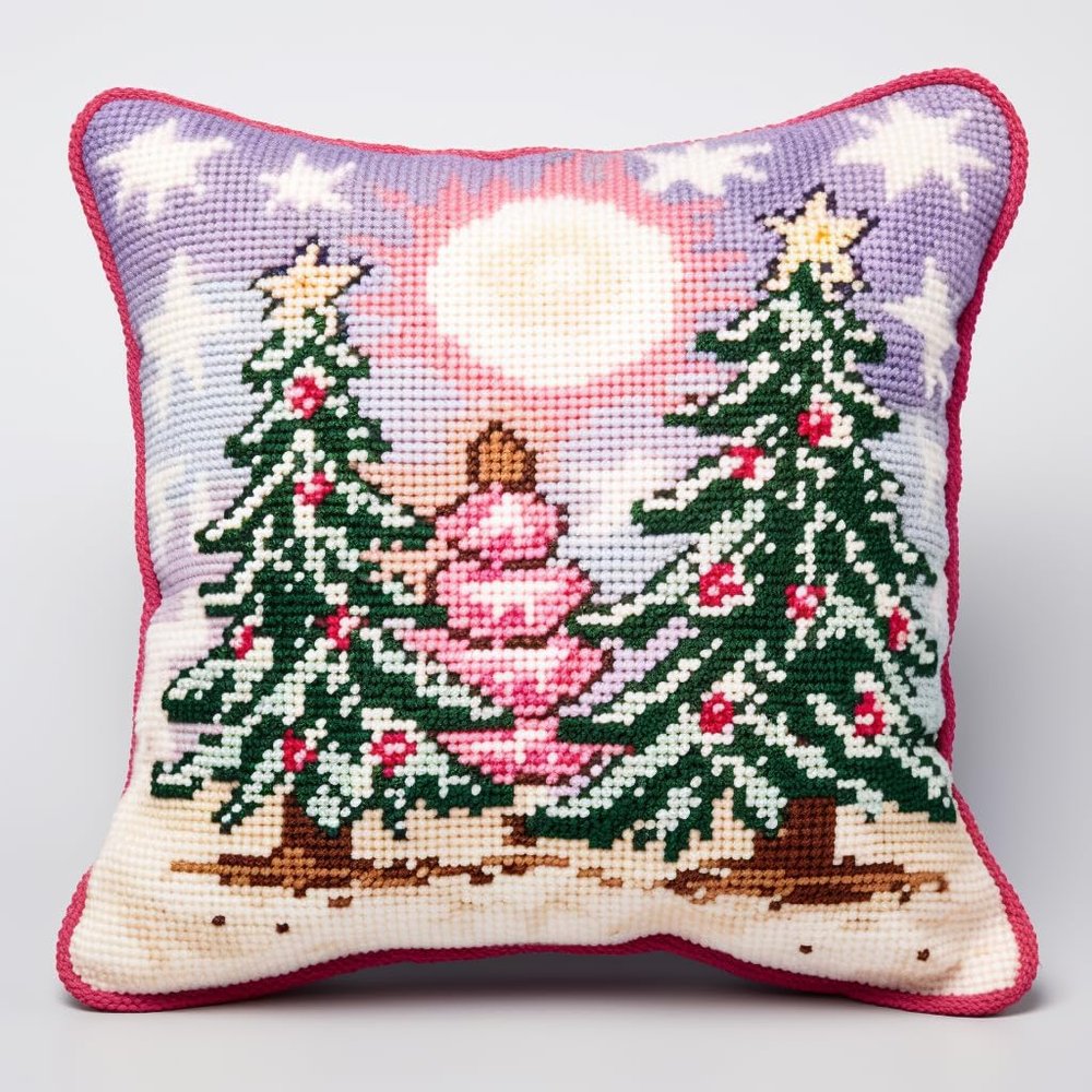 Christmas Tree Latch Hook Kits Pillow Cover DIY Rug Crochet Hook Cushion Making Kits with Preprinted Pattern Canvas Rug Making Easy Starter DIY Crochet Kits 43x43cm(y224)
