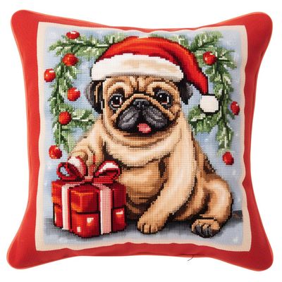 Christmas Pug Latch Hook Kits Pillow Cover DIY Rug Crochet Hook Cushion Making Kits with Preprinted Pattern Canvas Rug Making Easy Starter DIY Crochet Kits 43x43cm(y188)