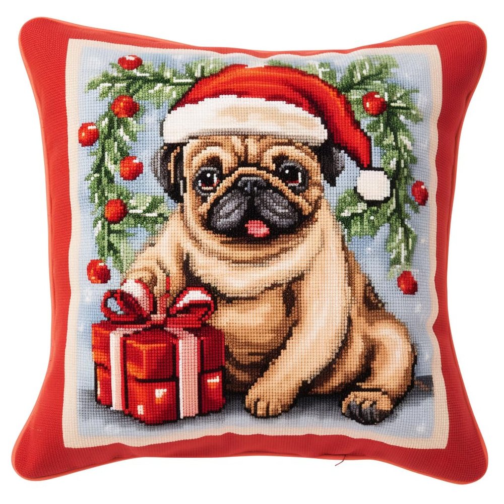 Christmas Pug Latch Hook Kits Pillow Cover DIY Rug Crochet Hook Cushion Making Kits with Preprinted Pattern Canvas Rug Making Easy Starter DIY Crochet Kits 43x43cm(y188)