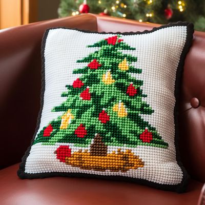 Christmas Green Tree Latch Hook Kits Pillow Cover DIY Rug Crochet Hook Cushion Making Kits with Preprinted Pattern Canvas Rug Making Easy Starter DIY Crochet Kits 43x43cm(y92)