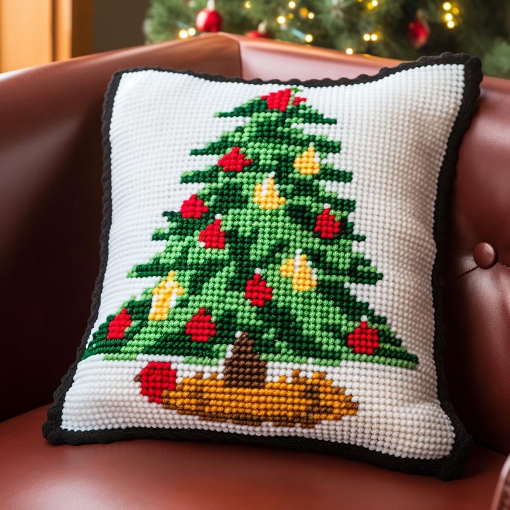 Christmas Green Tree Latch Hook Kits Pillow Cover DIY Rug Crochet Hook Cushion Making Kits with Preprinted Pattern Canvas Rug Making Easy Starter DIY Crochet Kits 43x43cm(y92)