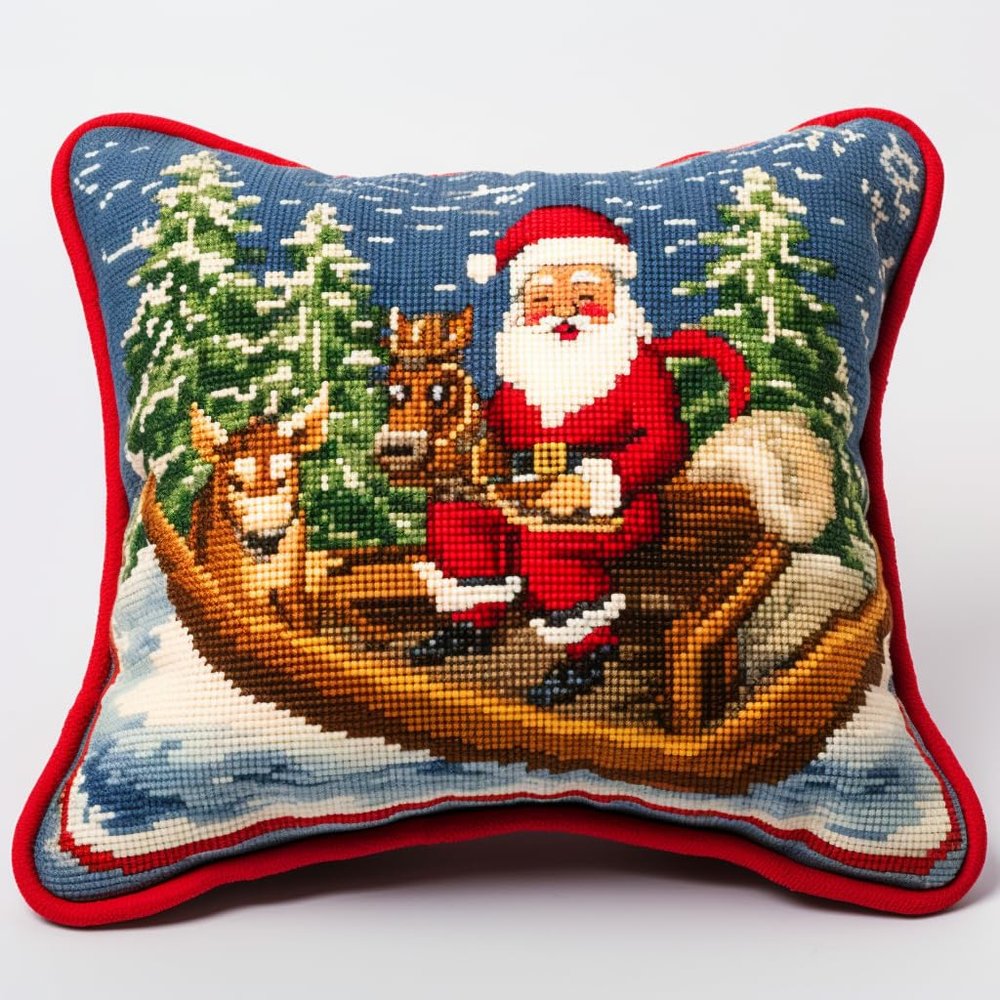 Christmas Sleigh Latch Hook Kits Pillow Cover DIY Rug Crochet Hook Cushion Making Kits with Preprinted Pattern Canvas Rug Making Easy Starter DIY Crochet Kits 43x43cm(y197)