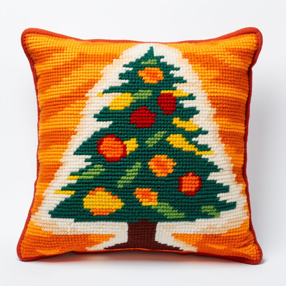 Orange Christmas Tree Latch Hook Kits Pillow Cover DIY Rug Crochet Hook Cushion Making Kits with Preprinted Pattern Canvas Rug Making Easy Starter DIY Crochet Kits 43x43cm(y38)