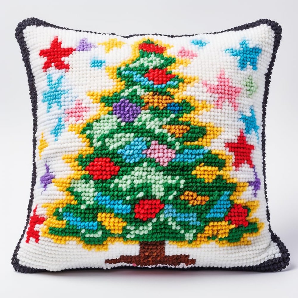 Christmas Tree White Latch Hook Kits Pillow Cover DIY Rug Crochet Hook Cushion Making Kits with Preprinted Pattern Canvas Rug Making Easy Starter DIY Crochet Kits 43x43cm(y116)