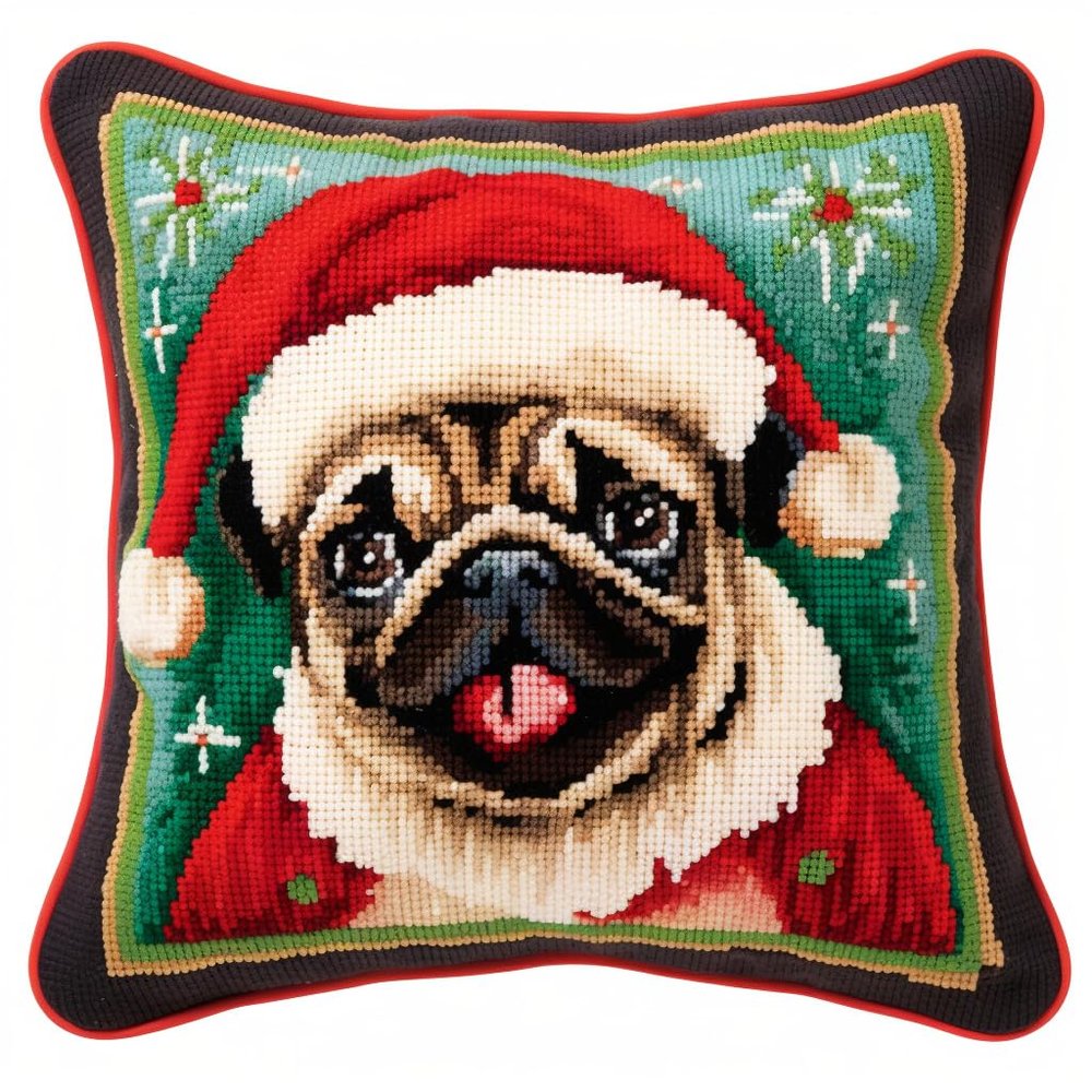 Christmas Pug Latch Hook Kits Pillow Cover DIY Rug Crochet Hook Cushion Making Kits with Preprinted Pattern Canvas Rug Making Easy Starter DIY Crochet Kits 43x43cm(y189)