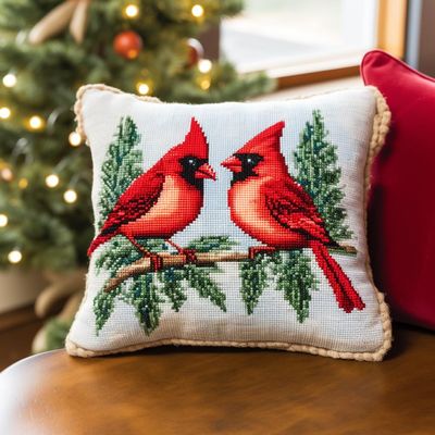 Christmas Birds Latch Hook Kits Pillow Cover DIY Rug Crochet Hook Cushion Making Kits with Preprinted Pattern Canvas Rug Making Easy Starter DIY Crochet Kits 43x43cm(y45)