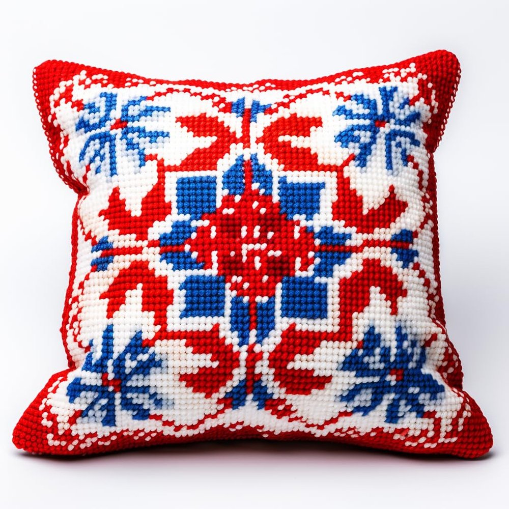Blue & Red Flower Latch Hook Kits Pillow Cover DIY Rug Crochet Hook Cushion Making Kits with Preprinted Pattern Canvas Rug Making Easy Starter DIY Crochet Kits 43x43cm(b1)