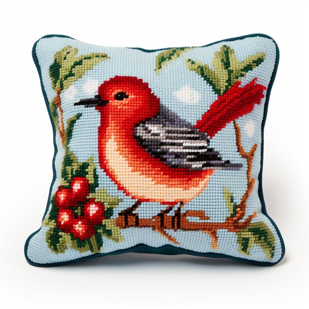 Christmas Red-Bellied Bird Latch Hook Kits Pillow Cover DIY Rug Crochet Hook Cushion Making Kits with Preprinted Pattern Canvas Rug Making Easy Starter DIY Crochet Kits 43x43cm(y242)