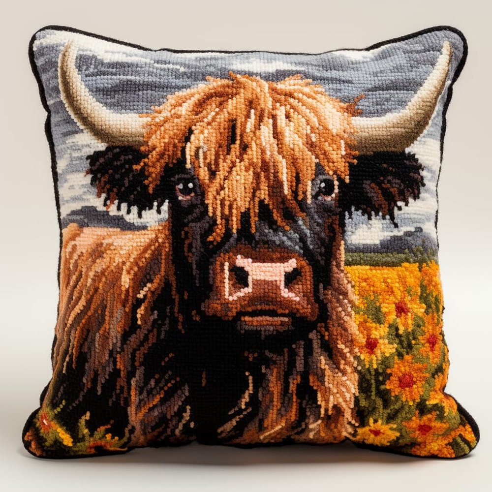 DIY Latch Hook Pillow Kits Brown Scotland Highland Cattle Printed Embroidery Pillowcase Crochet Yarn Hook and Latch Craft Rug Cushion for Home Christmas Decor and Gift 43x43cm(1)