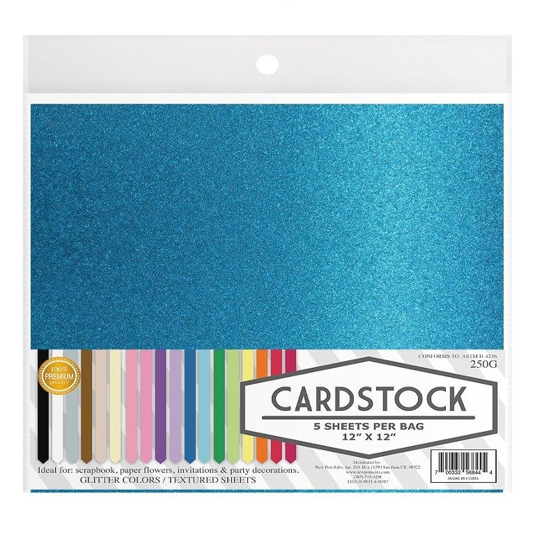 Glitter Crafting Cardstock, 22 Color Choices, 250g. 12" x 12" Inch, 5 Premium Sheets (Turquoise)