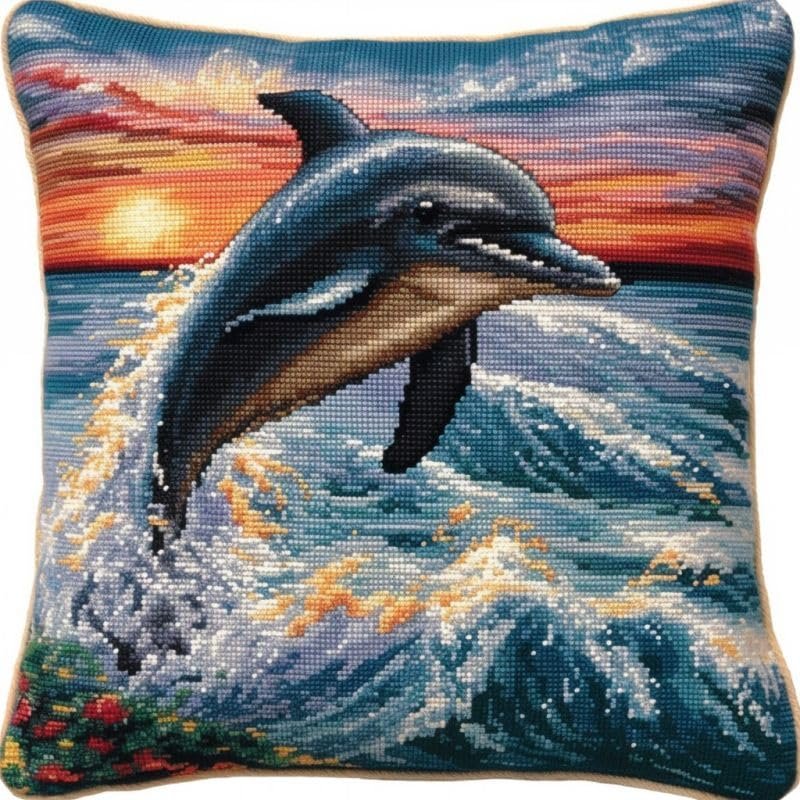 Dolphin Jumping Latch Hook Kits Pillow Cover DIY Rug Crochet Hook Cushion Making Kits with Preprinted Pattern Canvas Rug Making Christmas Decoration DIY Crochet Kits 43x43cm