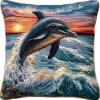 Dolphin Jumping Latch Hook Kits Pillow Cover DIY Rug Crochet Hook Cushion Making Kits with Preprinted Pattern Canvas Rug Making Christmas Decoration DIY Crochet Kits 43x43cm view 1
